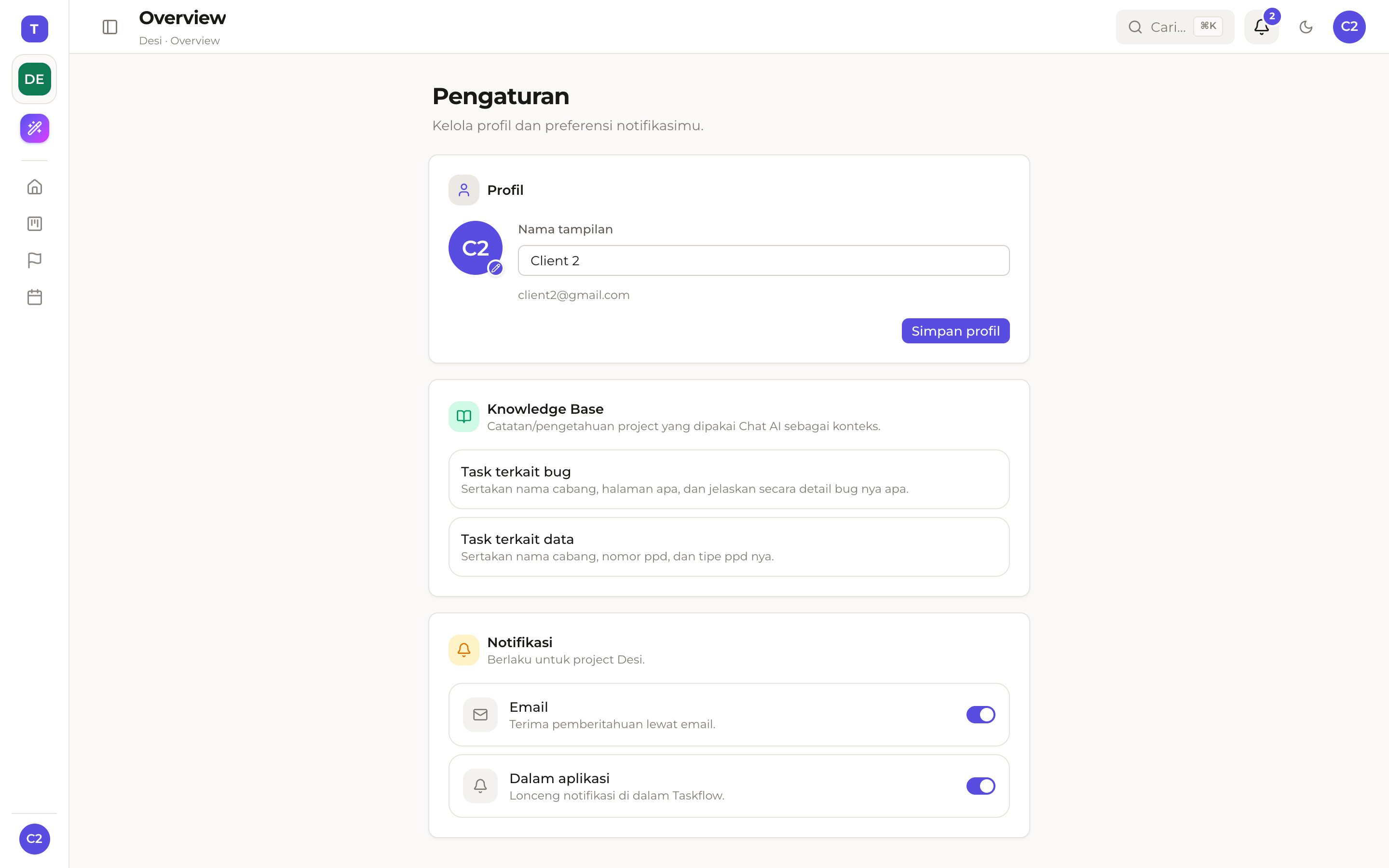 Halaman pengaturan profil dan notifikasi